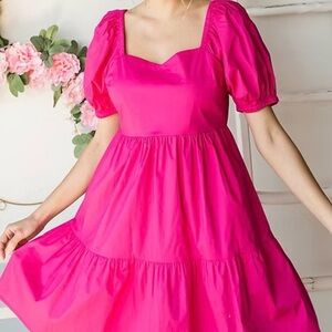 💕Girl soul Elegant Pink Puff Sleeve Dress💕